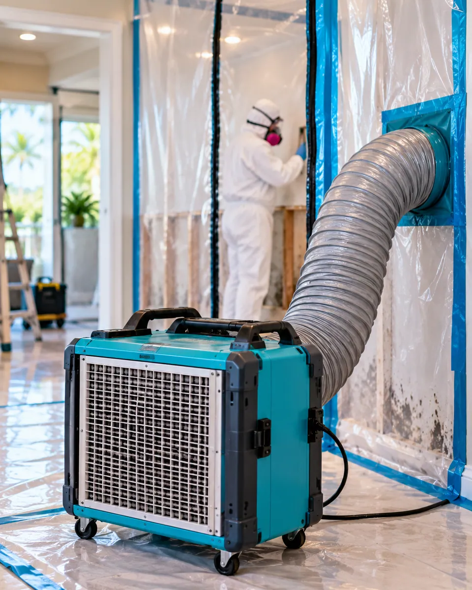 HEPA air scrubber and containment during mold remediation in Manalapan